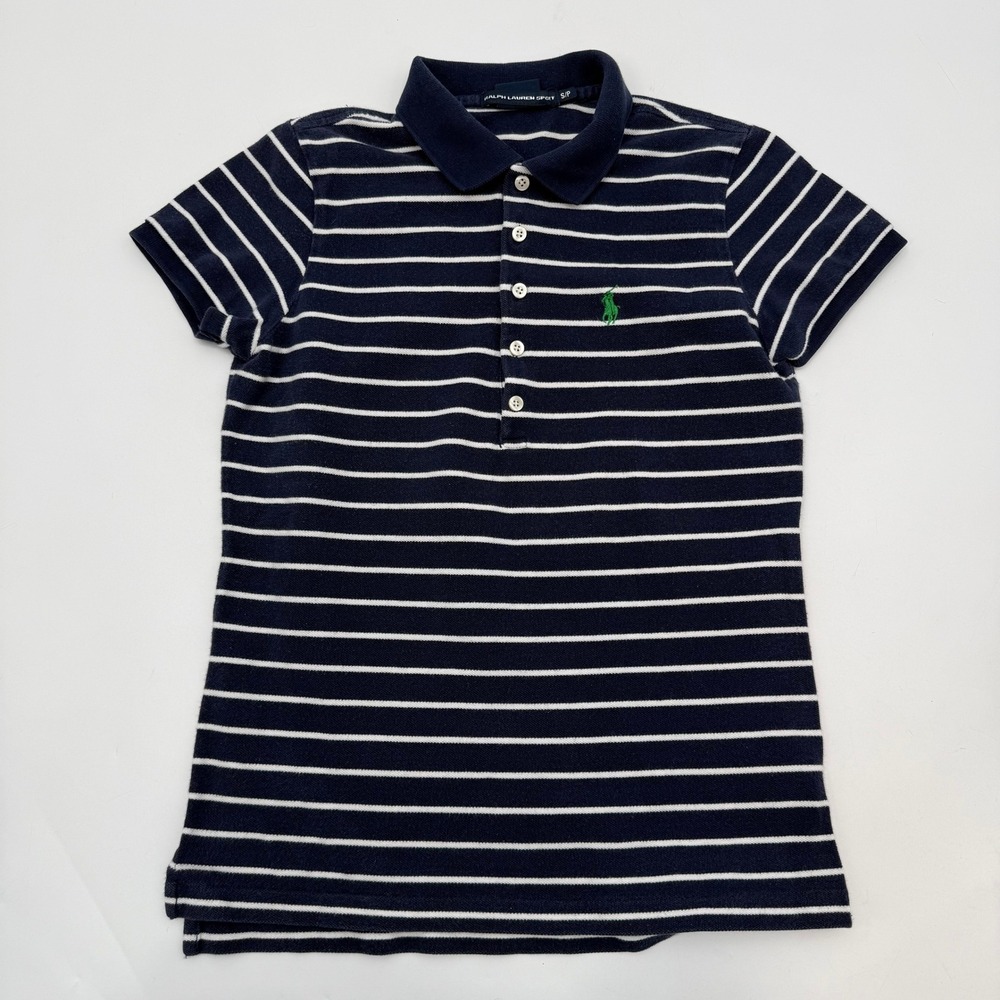 Ralph Lauren Sport Women Small Polo Shirt Navy Blue White Striped Short Sleeve